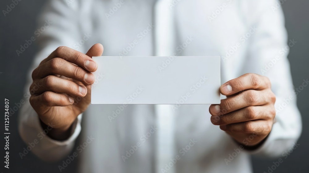 Businessman holding blank white sign for website exploration or marketing purposes in a professional setting with focus on hands and shirt. Businessman holding blank white sign for website exploration or marketing purposes in a professional setting with focus on hands and shirt.