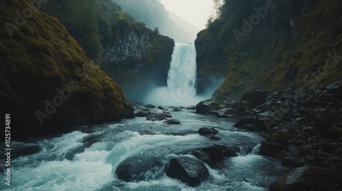 Majestic waterfall cascading into serene rocky river surrounded by lush green cliffs and misty atmosphere