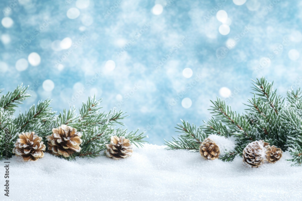 Snowy Winter Scene with Pine Branches and Pinecones Snowy Winter Scene with Pine Branches and Pinecones