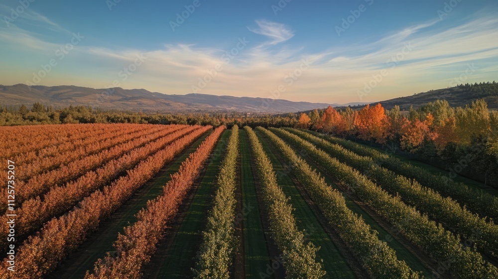Aerial view of vibrant apple and pear orchard in autumn showcasing colorful foliage and neat rows of trees against a scenic landscape.