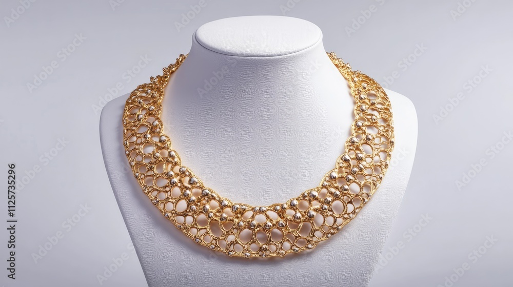 Elegant golden necklace showcased on a mannequin with a minimalist white background highlighting its intricate design and craftsmanship. Elegant golden necklace showcased on a mannequin with a minimalist white background highlighting its intricate design and craftsmanship.