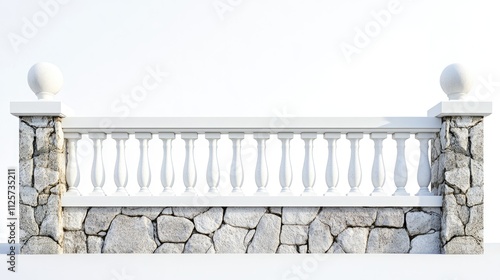 Elegant white stone fence design featuring balustrades and decorative pillars on a clean white background. photo