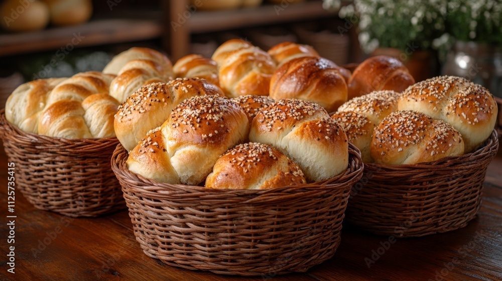 Warm, golden rolls are arranged in wicker baskets on a rustic wooden table, showcasing a variety of textures and toppings. The cozy bakery atmosphere is inviting. Warm, golden rolls are arranged in wicker baskets on a rustic wooden table, showcasing a variety of textures and toppings. The cozy bakery atmosphere is inviting.