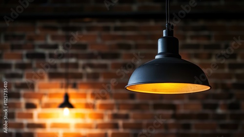 Vintage hanging lamp illuminating a textured brick wall with soft focus and low key lighting for an interior design concept.
