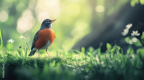 American robin Turdus migratorius foraging in lush green grass with soft bokeh background highlighting its vibrant plumage and natural habitat. photo