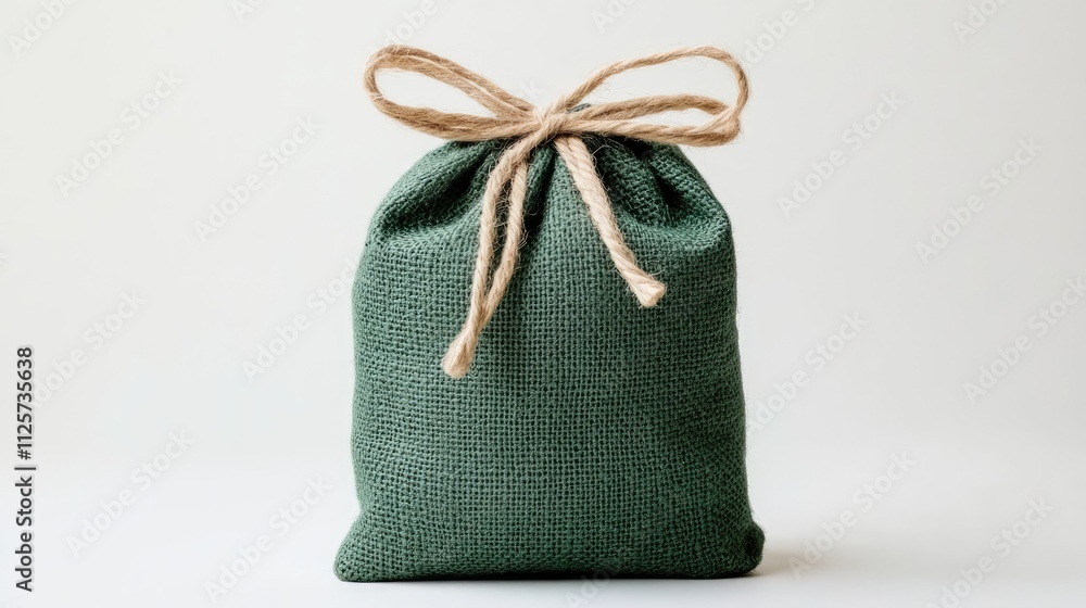 Green burlap bag tied with jute string on a plain background for packaging or gift presentation ideas Green burlap bag tied with jute string on a plain background for packaging or gift presentation ideas