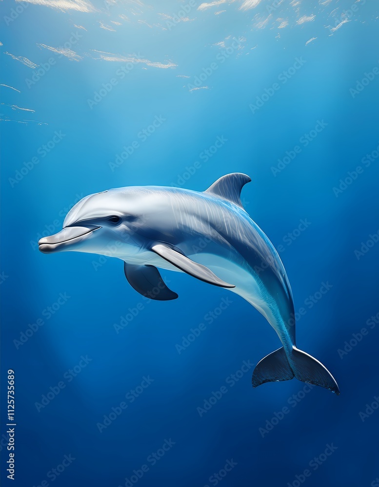 Obraz premium A dolphin swims gracefully in a deep blue ocean. The picture showcases the animal's elegance and beauty.