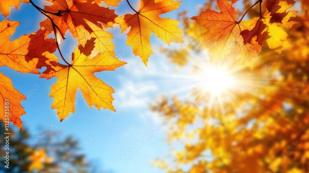Autumn maple tree branch with vibrant yellow and orange leaves against a bright blue sky and sunlit backdrop ideal for seasonal themes Autumn maple tree branch with vibrant yellow and orange leaves against a bright blue sky and sunlit backdrop ideal for seasonal themes