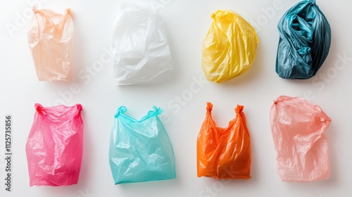 Colorful assortment of plastic bags arranged on a white background showcasing diversity in materials and environmental impact. photo