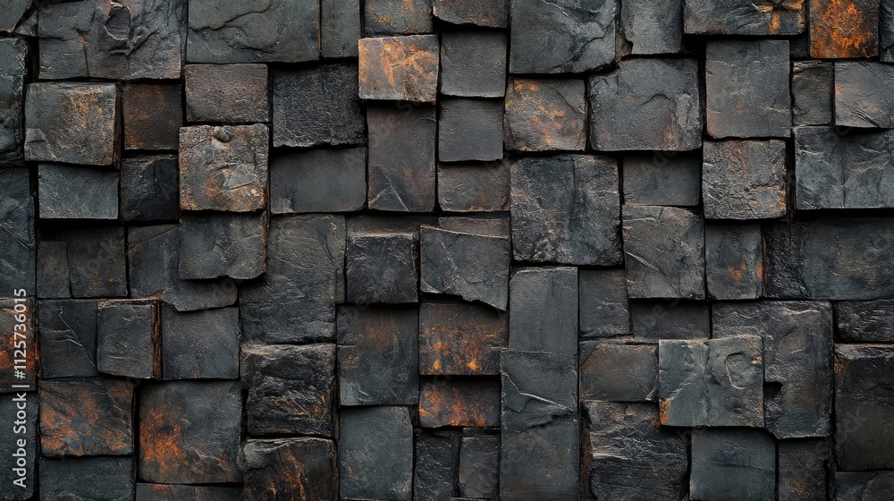 Textured dark slate brick wall background with an uneven pattern and rich color variation for design and architectural use Textured dark slate brick wall background with an uneven pattern and rich color variation for design and architectural use
