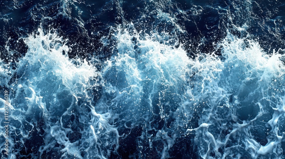 A close-up view of ocean waves crashing, showcasing the dynamic movement and vibrant blue colors of the water.