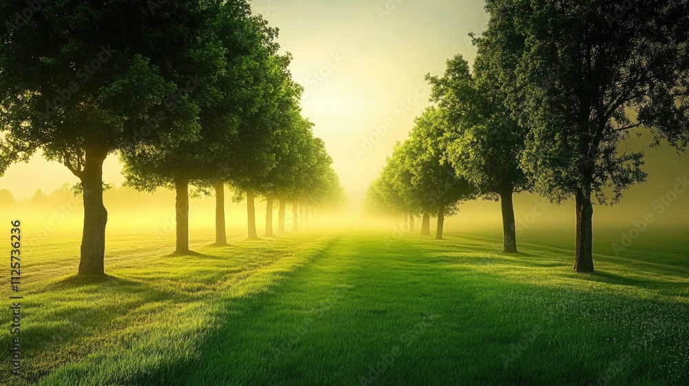 Solitary green tree line creating a serene atmosphere in a sunlit field with fog and soft light hues at dawn. Solitary green tree line creating a serene atmosphere in a sunlit field with fog and soft light hues at dawn.
