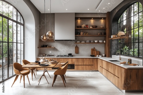 Wallpaper Mural Modern kitchen with wooden cabinets, large windows, and dining area. Torontodigital.ca