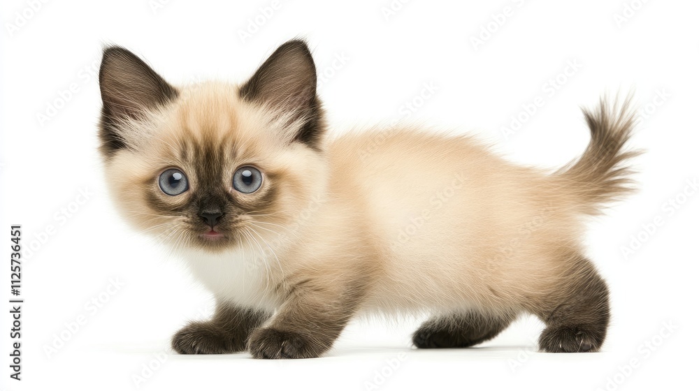 Birman kitten with striking blue eyes posing playfully against a clean white background showcasing its adorable features and fluffy coat. Birman kitten with striking blue eyes posing playfully against a clean white background showcasing its adorable features and fluffy coat.