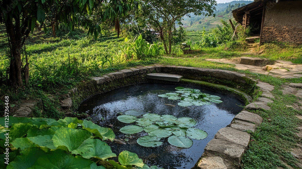 Fototapeta premium Traditional farmer-managed ponds in a serene village landscape surrounded by lush greenery and lotus plants.