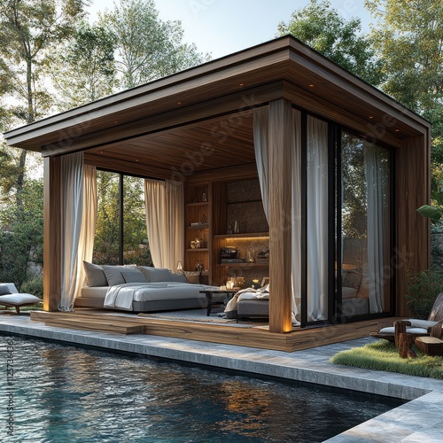 Modern wooden poolside gazebo with built-in seating, curtains, and lighting. photo