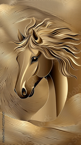 Elegant horse head illustration with flowing lines and golden tones photo