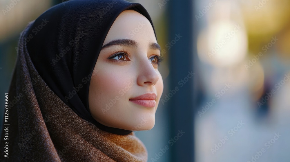 Elegant Muslim woman in hijab gazing thoughtfully outdoors with soft lighting and serene expression. Elegant Muslim woman in hijab gazing thoughtfully outdoors with soft lighting and serene expression.