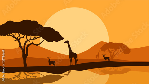Landscape illustration of savanna wildlife