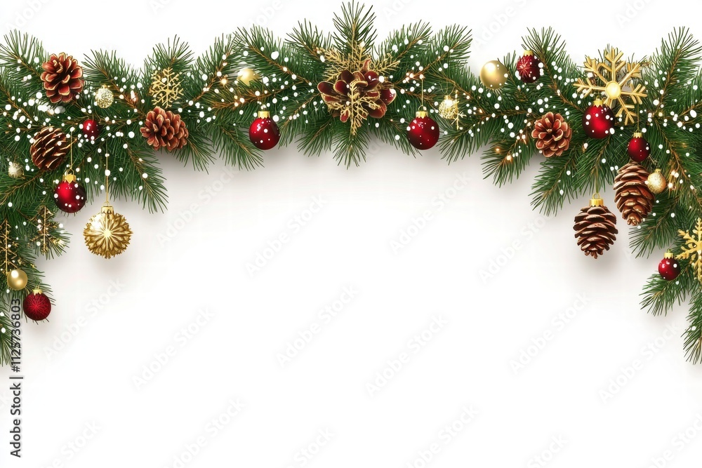 Christmas Garland Border with Pine Branches, Pinecones, and Ornaments Christmas Garland Border with Pine Branches, Pinecones, and Ornaments