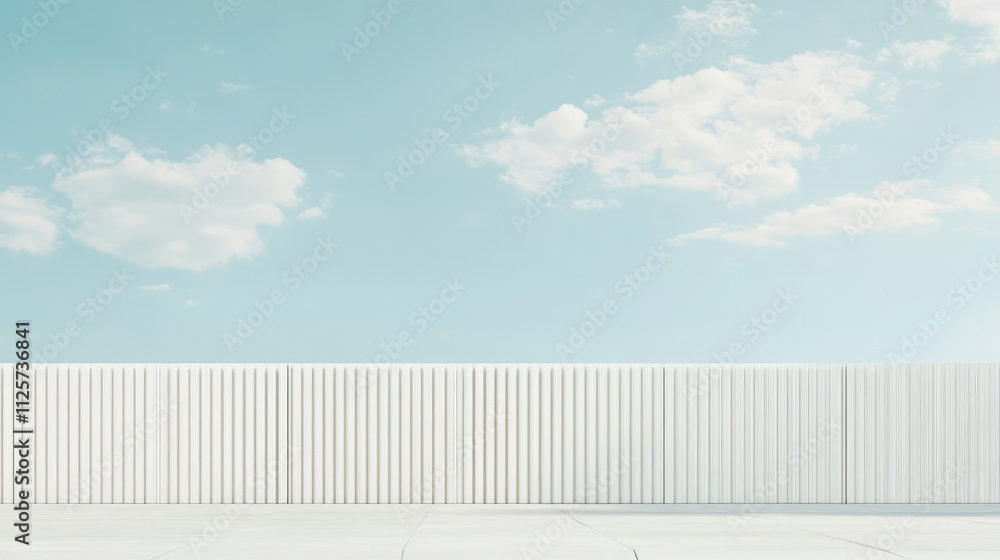 White corrugated aluminum wall of a modern factory workshop, set against a clear blue sky with soft clouds, side perspective view, ample copy space, industrial, architecture, minimalism. White corrugated aluminum wall of a modern factory workshop, set against a clear blue sky with soft clouds, side perspective view, ample copy space, industrial, architecture, minimalism.