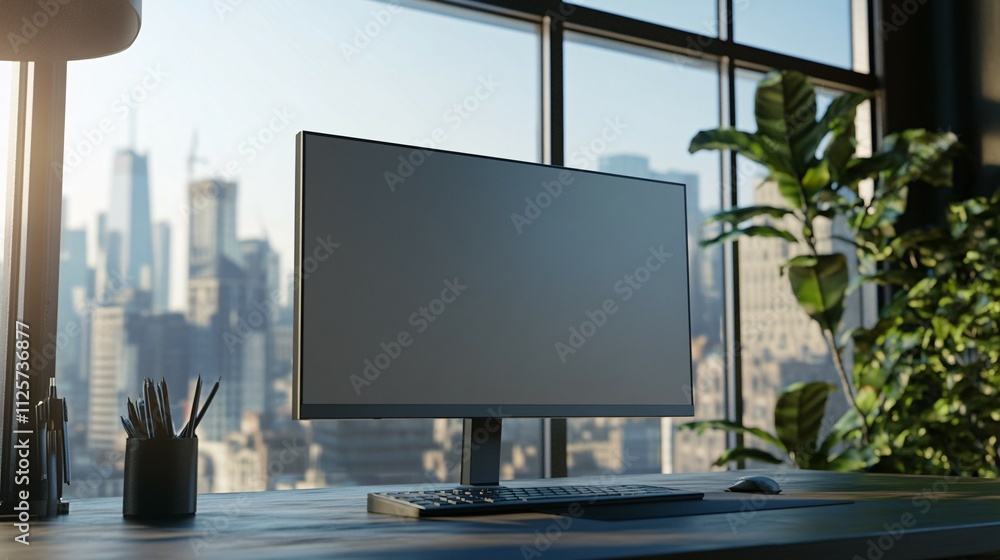 Fototapeta premium Modern Office Workspace with Blank Computer Screen