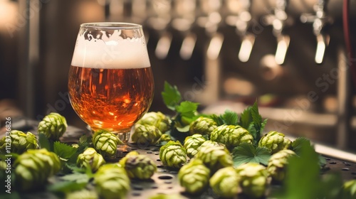 craft beer brewing process with fresh hops and a glass of beer in a modern small brewery setting photo