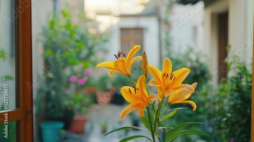 Closeup of vibrant yellow garden lilies flourishing in a serene outdoor setting with a blurred view of a house terrace behind them photo