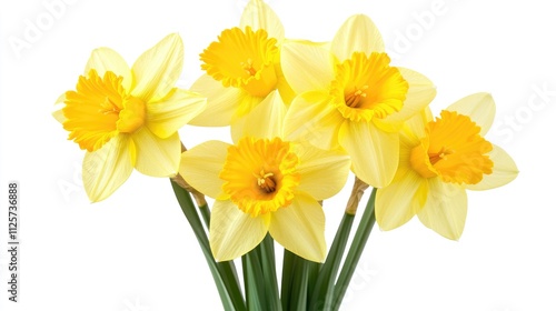 Bright and fresh daffodils in a vase on a white background showcasing vibrant yellow petals and green stems in close-up detail