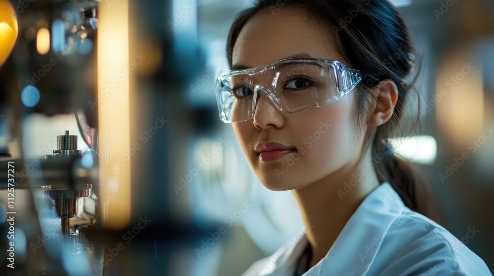 Female engineer in safety goggles observing machinery in production facility focused on quality control and innovation in engineering. Female engineer in safety goggles observing machinery in production facility focused on quality control and innovation in engineering.