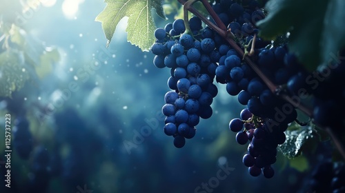 Ripe dark blue grapes on vineyard vines during harvest season showcasing Vitis vinifera in a serene winemaking landscape
