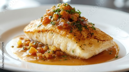 Deliciously plated walleye fish fillet topped with savory sauce and garnished with herbs served on a pristine white plate.