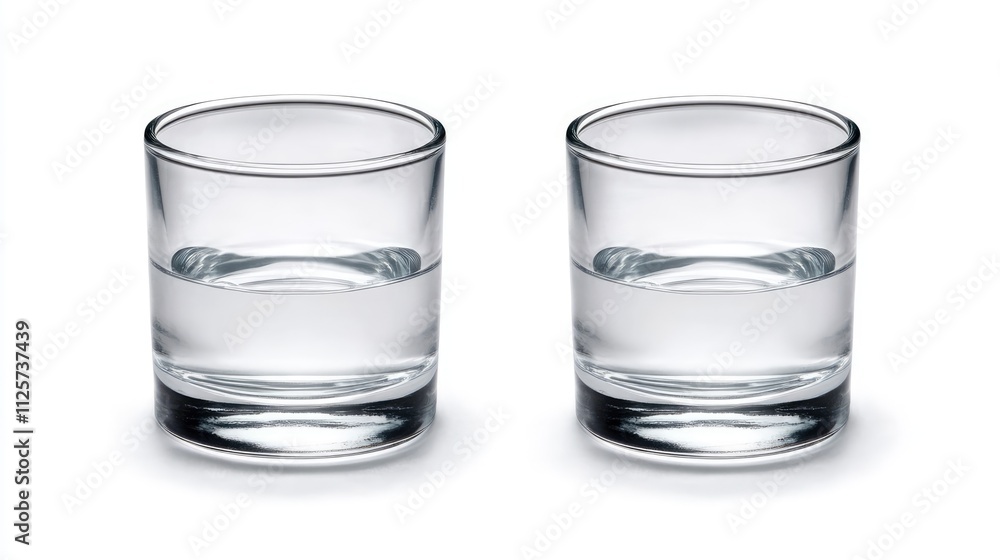 Two empty glass tumblers with water reflection isolated on a clean white background perfect for beverage and restaurant themed designs Two empty glass tumblers with water reflection isolated on a clean white background perfect for beverage and restaurant themed designs
