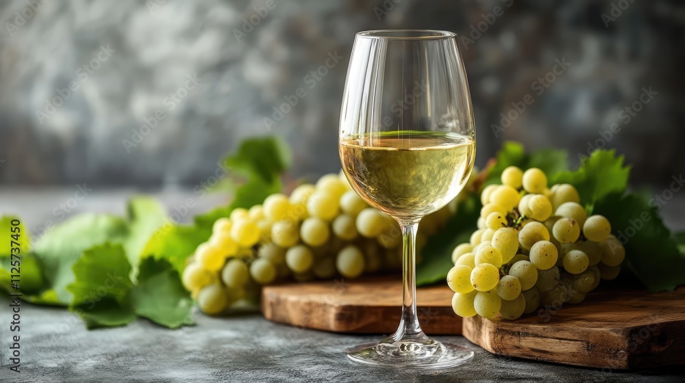 Obraz premium Fresh white grapes with a glass of white wine on a textured surface, complemented by green grape leaves, showcasing the essence of winemaking, food and beverage, organic produce.