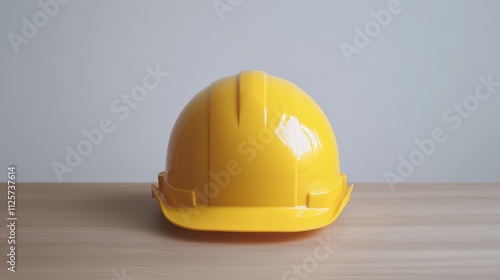 Bright yellow safety construction helmet positioned on a rustic wooden table, with a plain white background emphasizing its protective features, construction, safety equipment, industry. photo