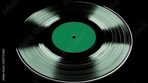 Vintage vinyl record with a blank green label on a black background showcasing classic analog music aesthetics and nostalgia. photo