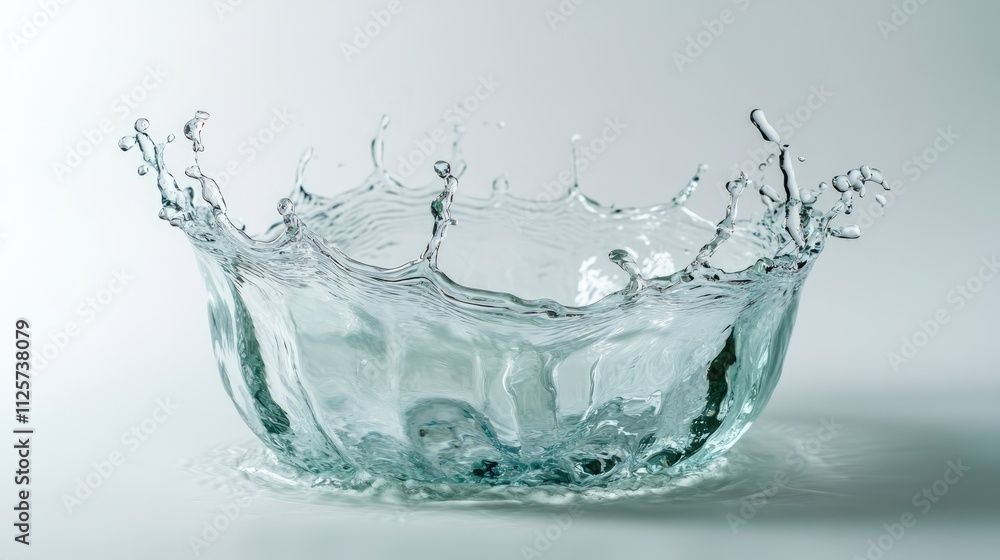 High-speed capture of a clear water splash isolated on a seamless white background, showcasing intricate droplets and ripples, liquid motion, abstract design, dynamic imagery, clean aesthetic. High-speed capture of a clear water splash isolated on a seamless white background, showcasing intricate droplets and ripples, liquid motion, abstract design, dynamic imagery, clean aesthetic.