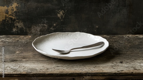 Elegant white ceramic plate with a silver fork and spoon, styled against a rustic wooden background, table decor, dining setting, minimalistic design, kitchenware, vintage aesthetic. photo