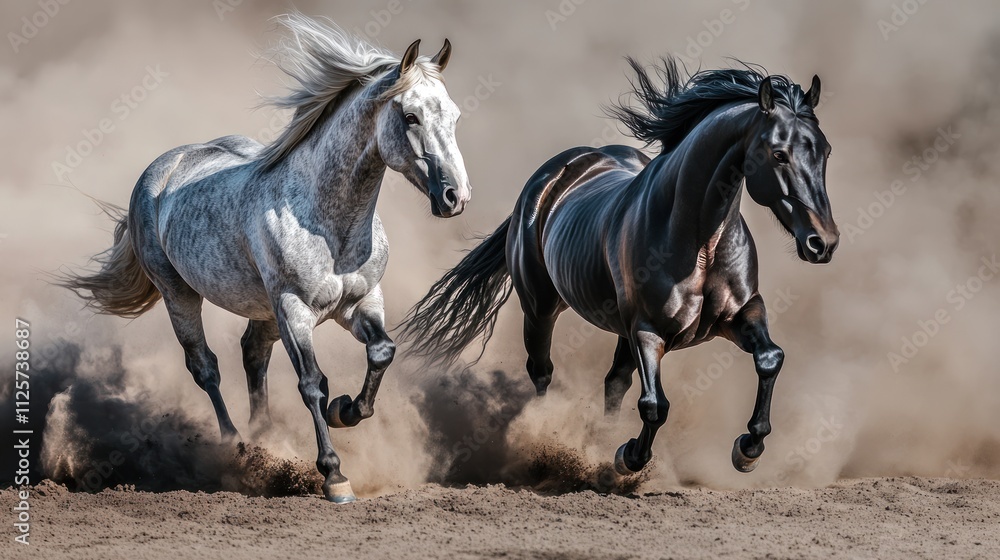 Fototapeta premium Two Horses Running in Dust