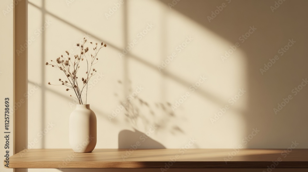 Fototapeta premium Minimalistic white vase with dried flowers on wooden table against beige wall Beautiful Scandinavian interior design for product display