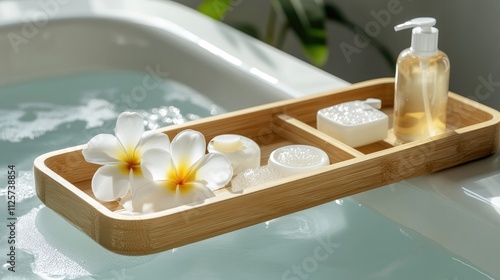 Wallpaper Mural Spa relaxation setup with wooden tray featuring products and plumeria flower on serene bath tub surface for wellness and tranquility ambiance Torontodigital.ca