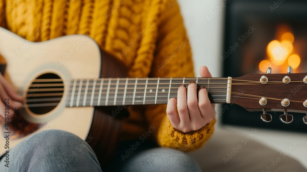 Fototapeta premium Playing acoustic guitar by the fireplace cozy indoor setting music and leisure activity home environment