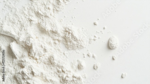 White powdered gypsum clay and diatomite isolated on a white background, macro focus on fine texture of calcium gypsum and plaster, geology, materials, construction. photo