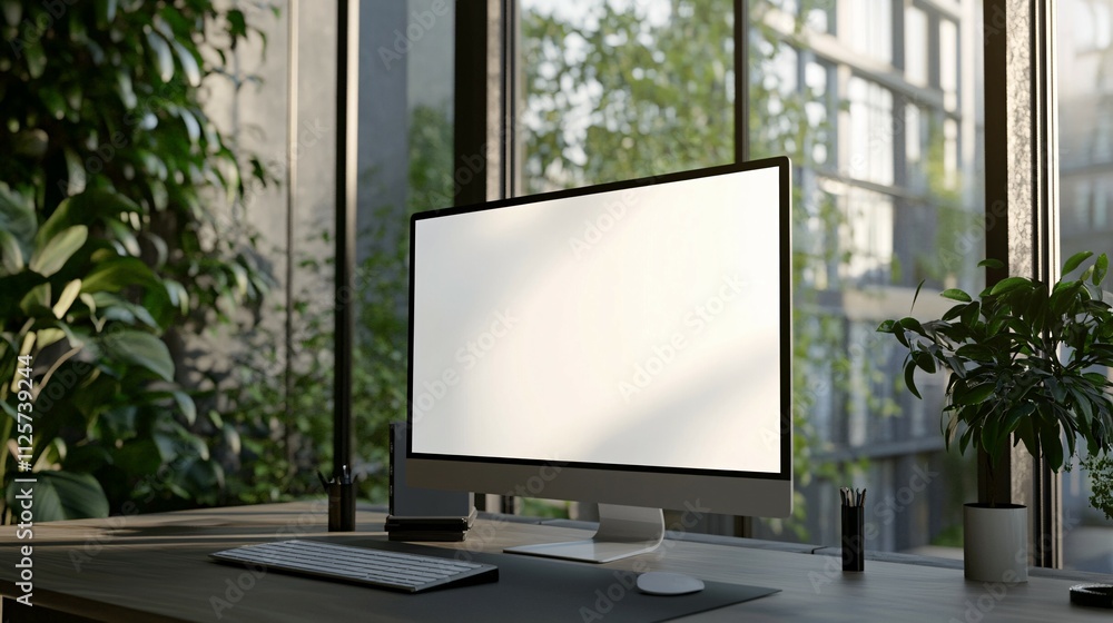 Fototapeta premium Modern Workspace With Blank Computer Screen Near Window