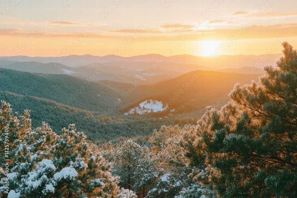 Golden Hour Sunset Over Snowy Mountain Range Golden Hour Sunset Over Snowy Mountain Range
