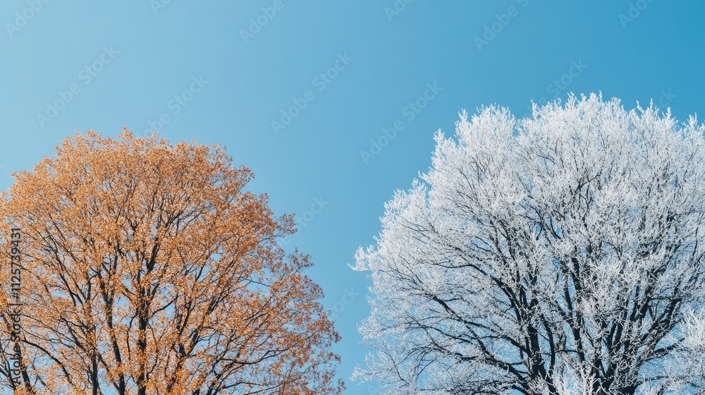 Seasonal contrast of leafless winter trees and vibrant summer foliage under a clear blue sky showcasing nature's cycles. Seasonal contrast of leafless winter trees and vibrant summer foliage under a clear blue sky showcasing nature's cycles.