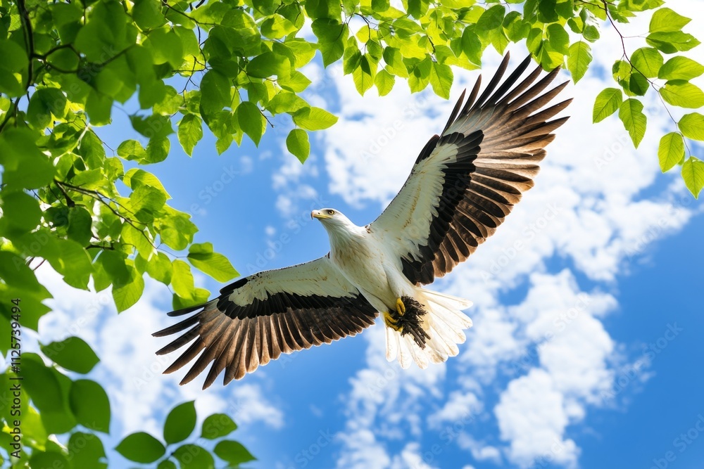 Obraz premium An action shot of an eagle mid-flight, carrying a branch to build its nest, against a bright, cloud-filled sky