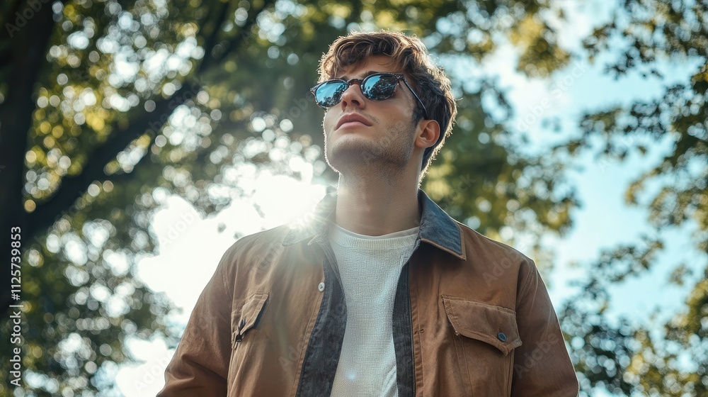 Stylish young man in casual attire enjoying nature with sunglasses against a sunny backdrop and green trees Stylish young man in casual attire enjoying nature with sunglasses against a sunny backdrop and green trees
