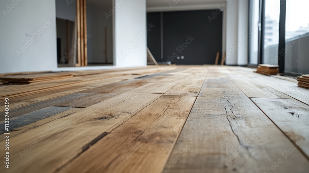 Wooden boards laid out in an apartment under renovation, showcasing the floor ready for installation, with natural textures and light spilling into the space, home improvement, construction, interior Wooden boards laid out in an apartment under renovation, showcasing the floor ready for installation, with natural textures and light spilling into the space, home improvement, construction, interior
