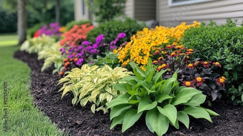 Lush garden bed featuring a vibrant array of colorful flowers and rich green foliage in a beautifully arranged landscape setting